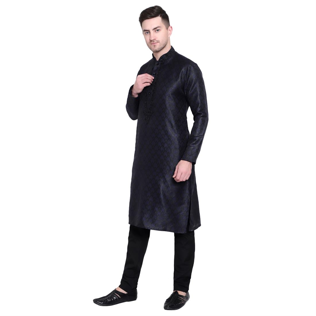 Navy Embroidered Mens Kurta Pyjama