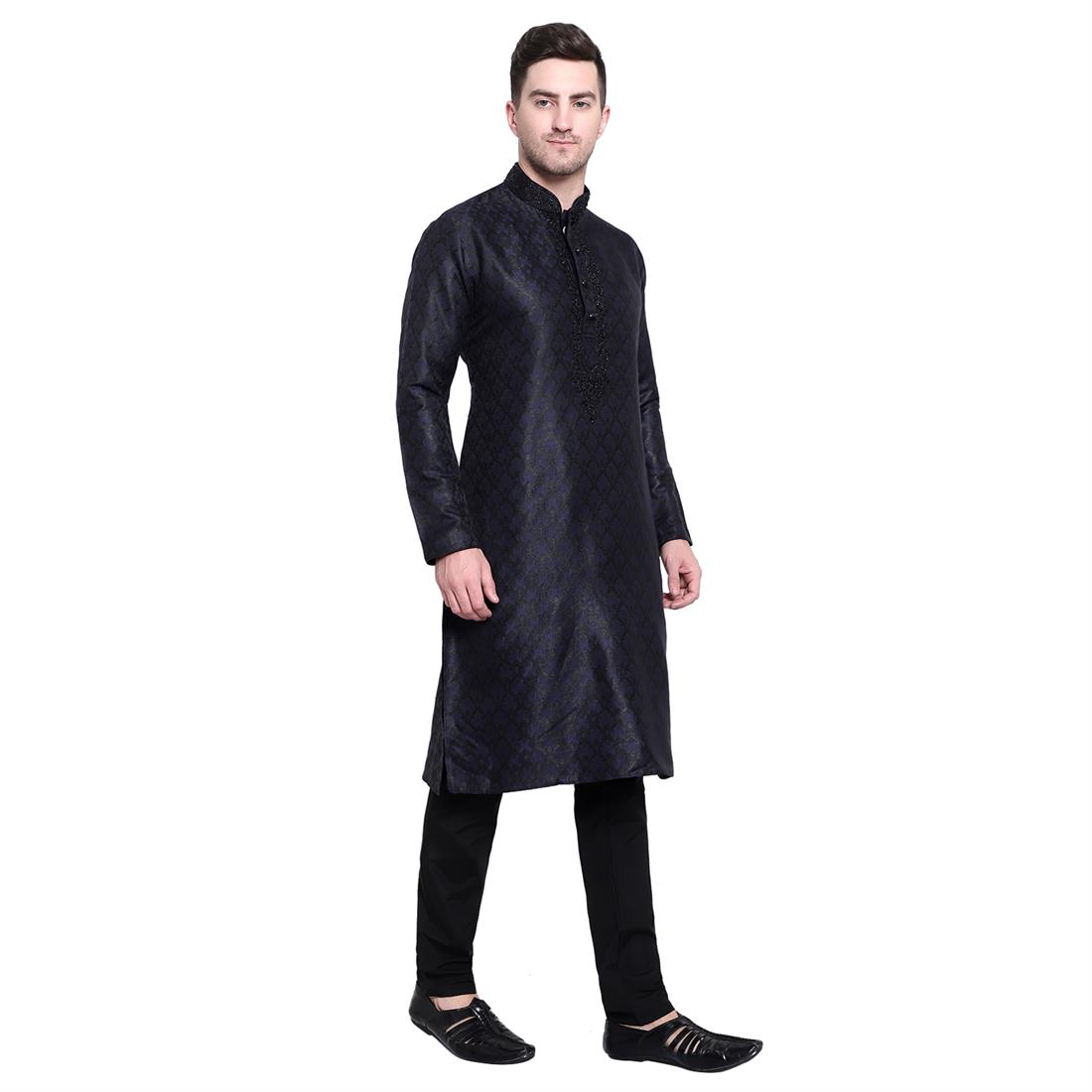 Navy Embroidered Mens Kurta Pyjama