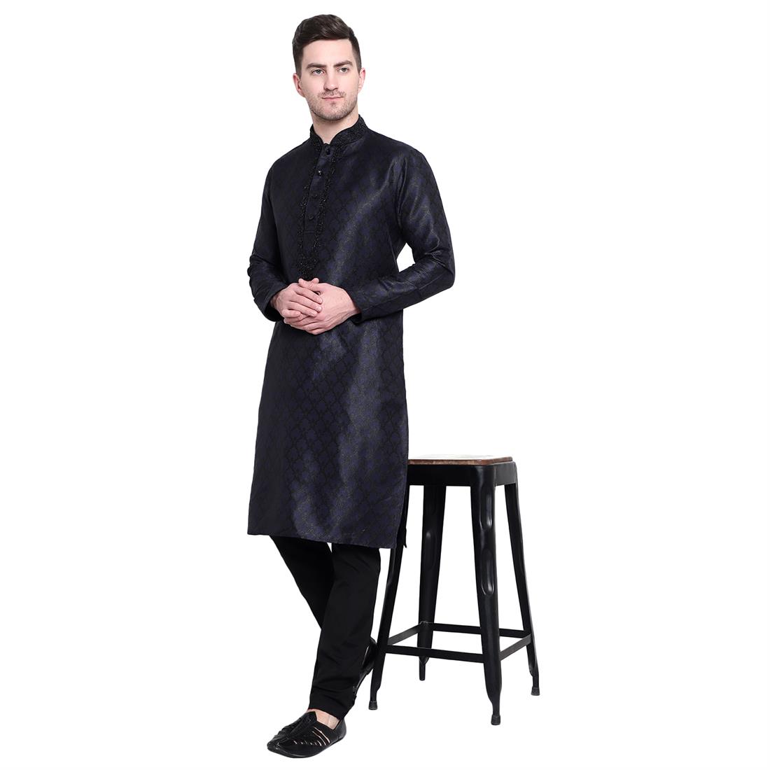Navy Embroidered Mens Kurta Pyjama