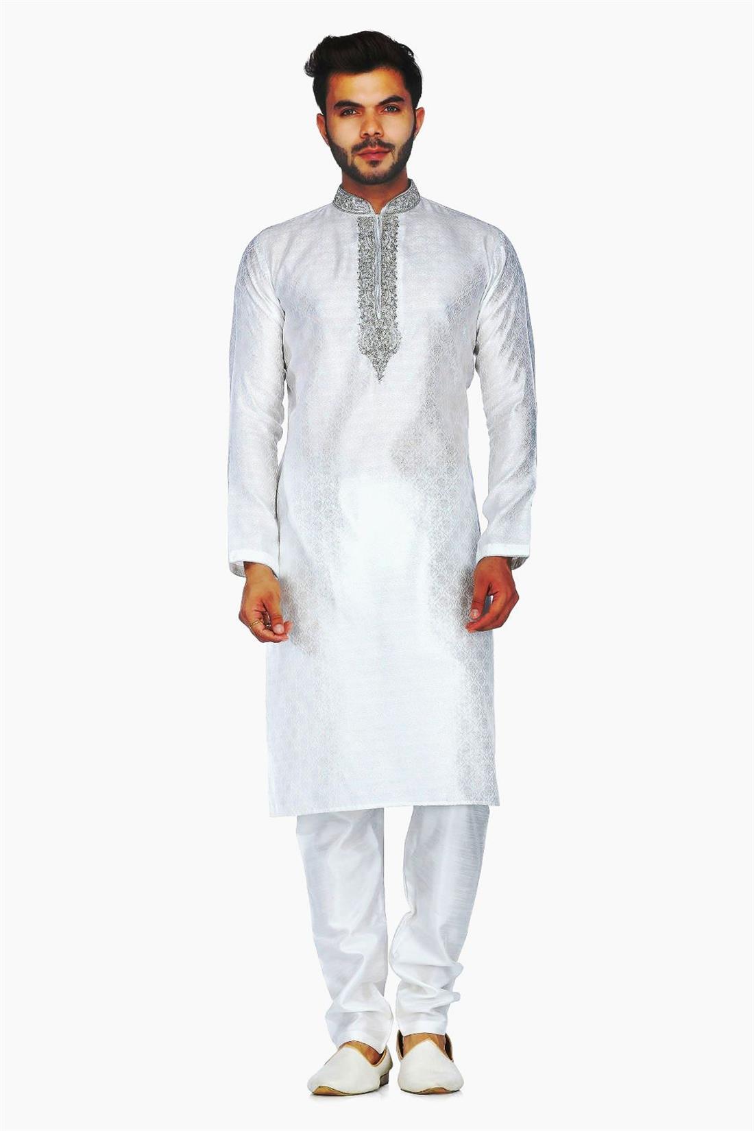 White & Silver Embroidered Mens Kurta Pajama