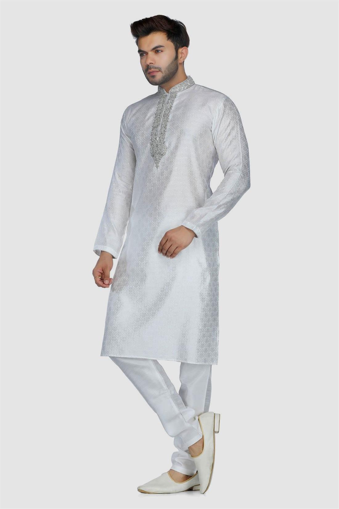 White & Silver Embroidered Mens Kurta Pajama