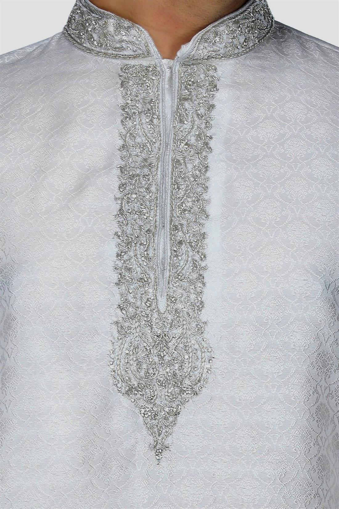 White & Silver Embroidered Mens Kurta Pajama
