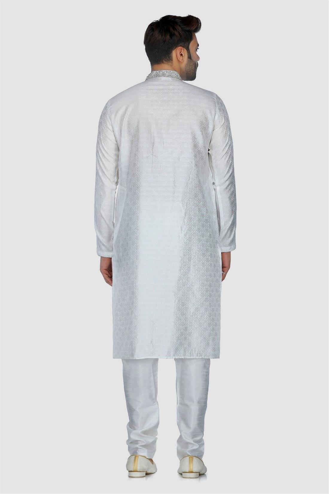 White & Silver Embroidered Mens Kurta Pajama