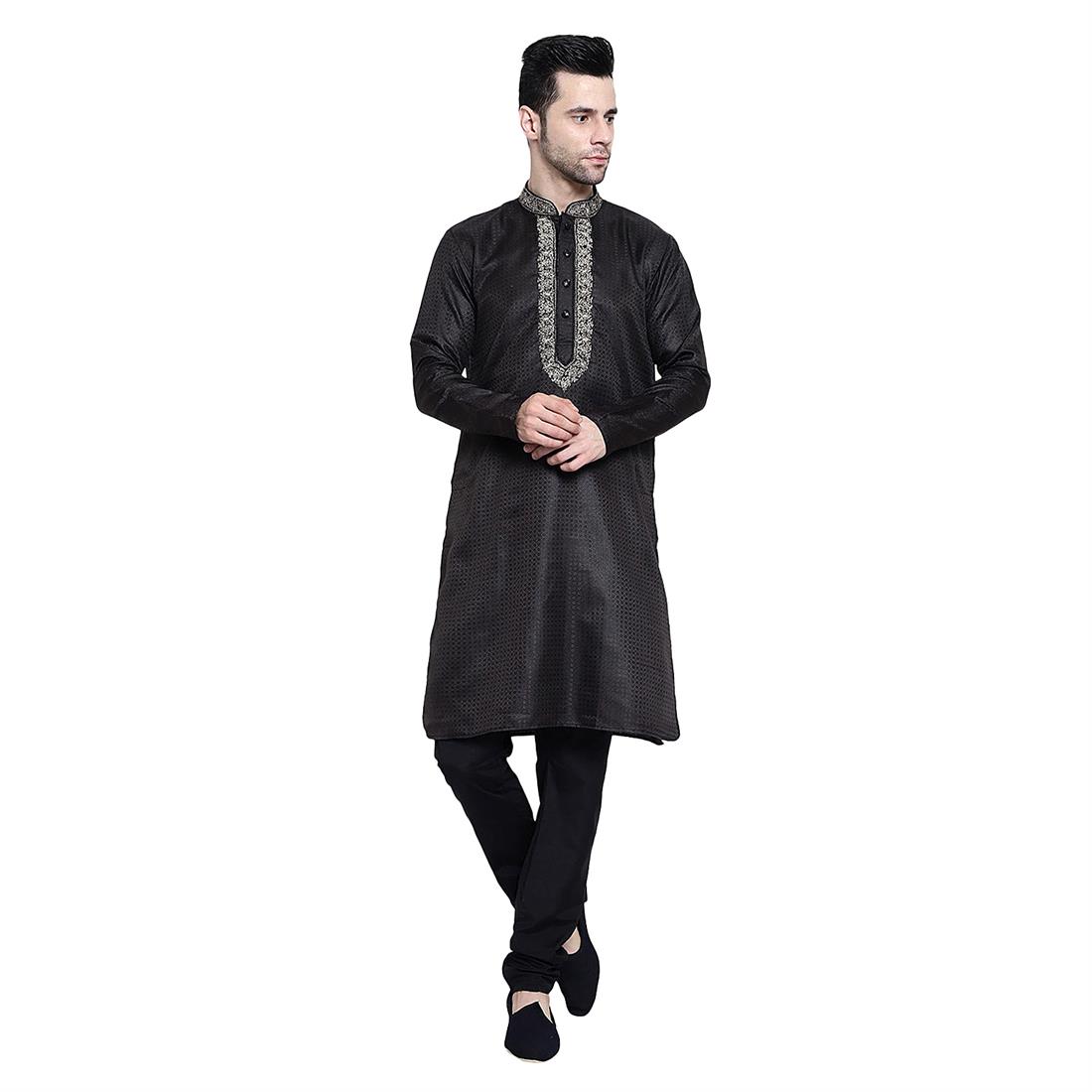 Black Mens Brocade Kurta Pyjama with Hand Embellishment