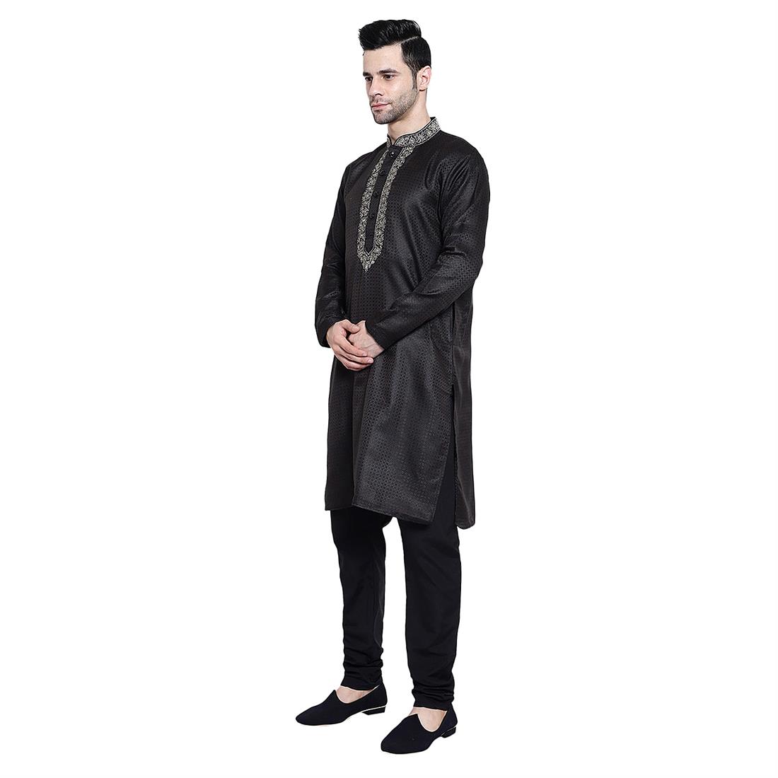 Black Mens Brocade Kurta Pyjama with Hand Embellishment