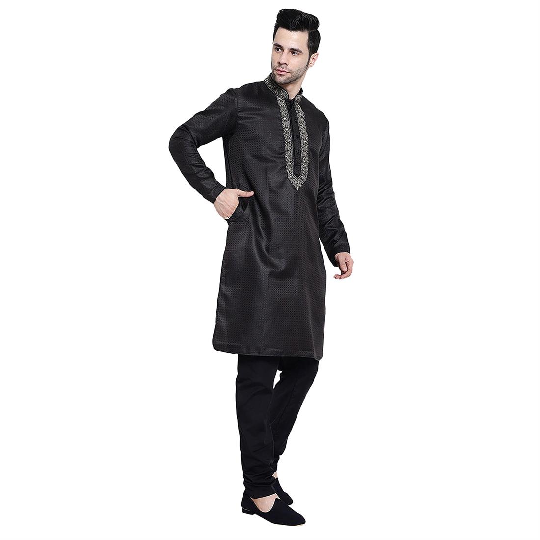 Black Mens Brocade Kurta Pyjama with Hand Embellishment