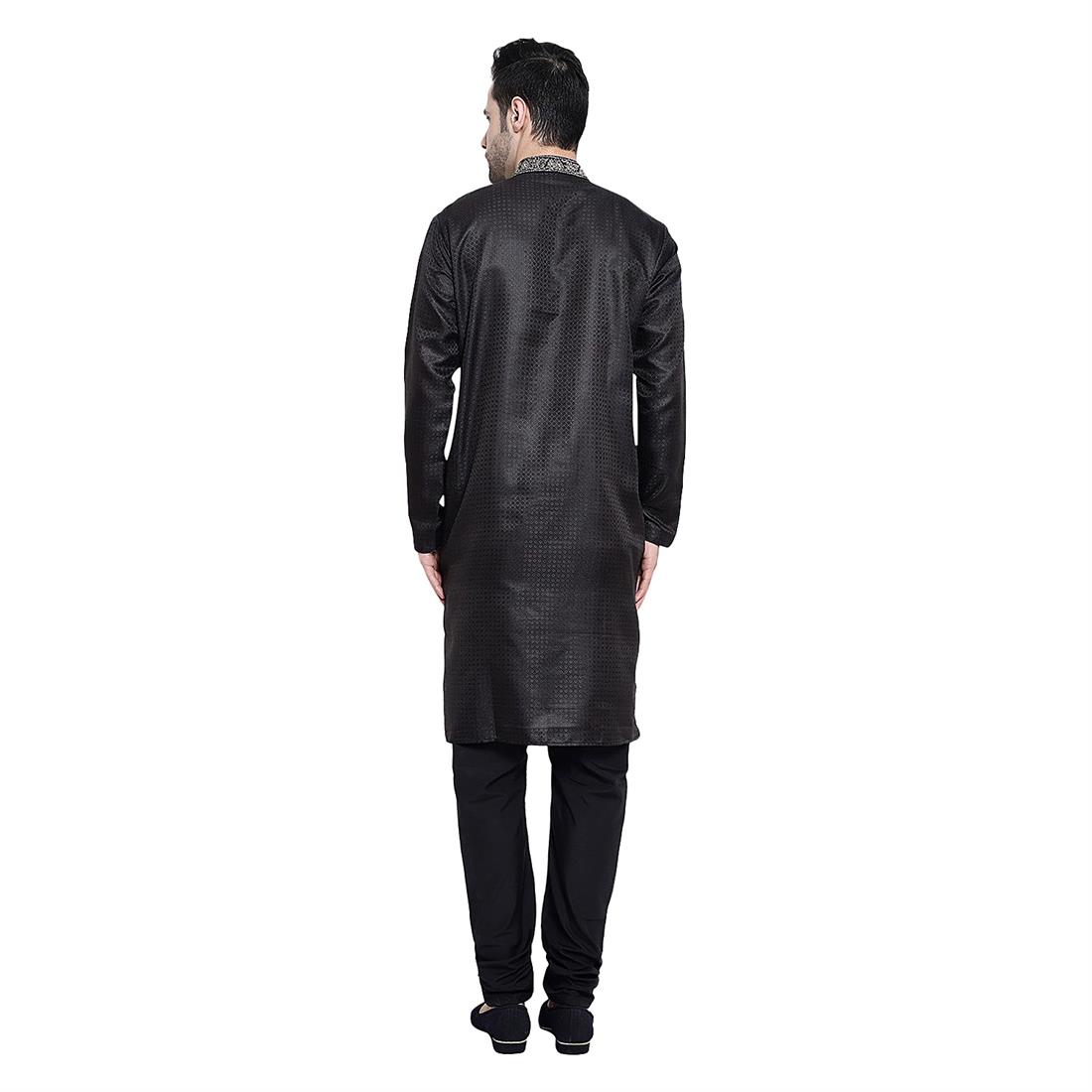 Black Mens Brocade Kurta Pyjama with Hand Embellishment