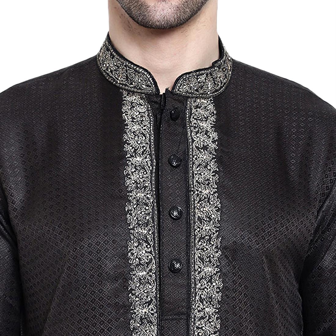 Black Mens Brocade Kurta Pyjama with Hand Embellishment