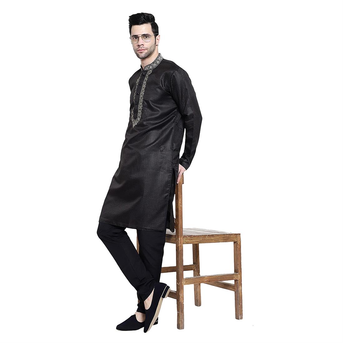 Black Mens Brocade Kurta Pyjama with Hand Embellishment
