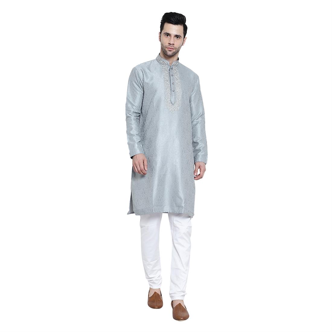 Grey Mens Brocade Kurta Pyjama with Hand Embellishment