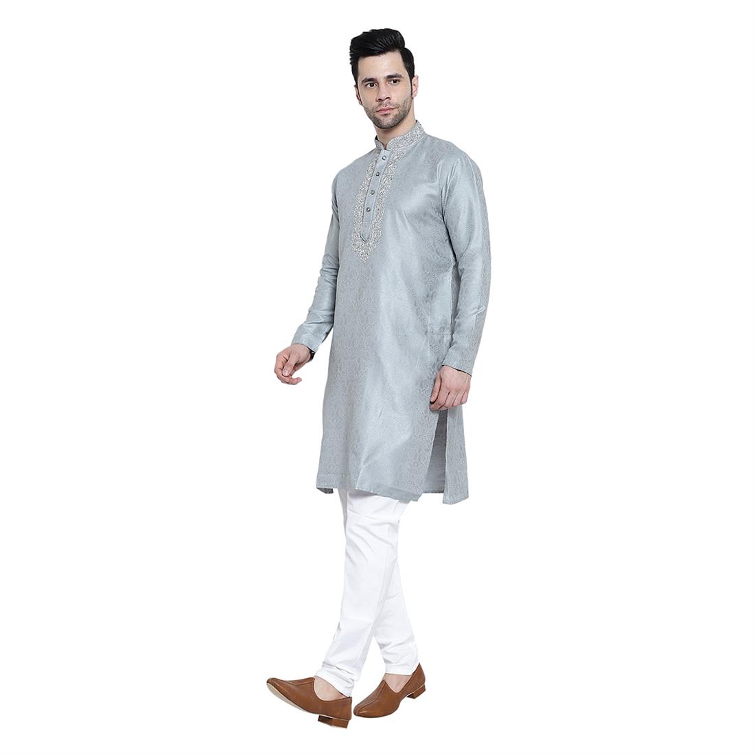Grey Mens Brocade Kurta Pyjama with Hand Embellishment