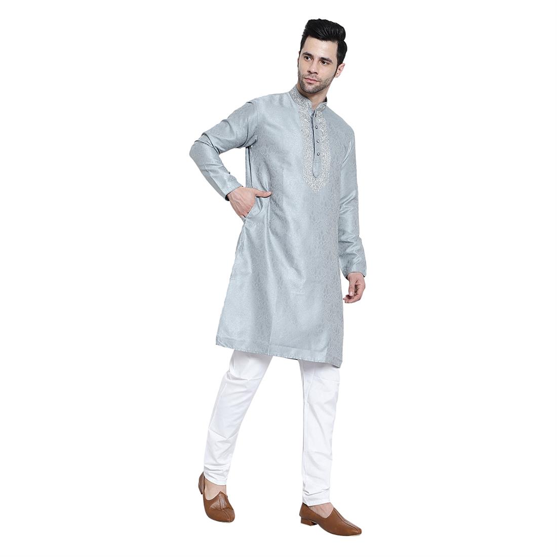 Grey Mens Brocade Kurta Pyjama with Hand Embellishment