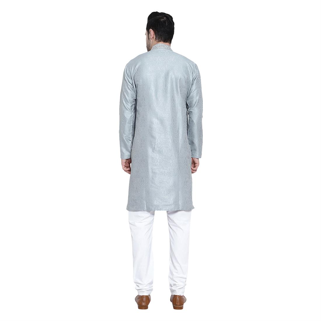 Grey Mens Brocade Kurta Pyjama with Hand Embellishment