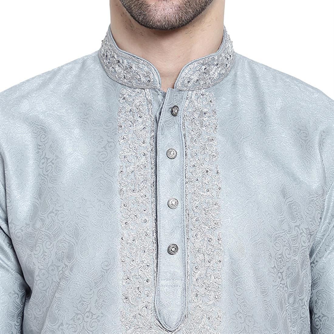 Grey Mens Brocade Kurta Pyjama with Hand Embellishment