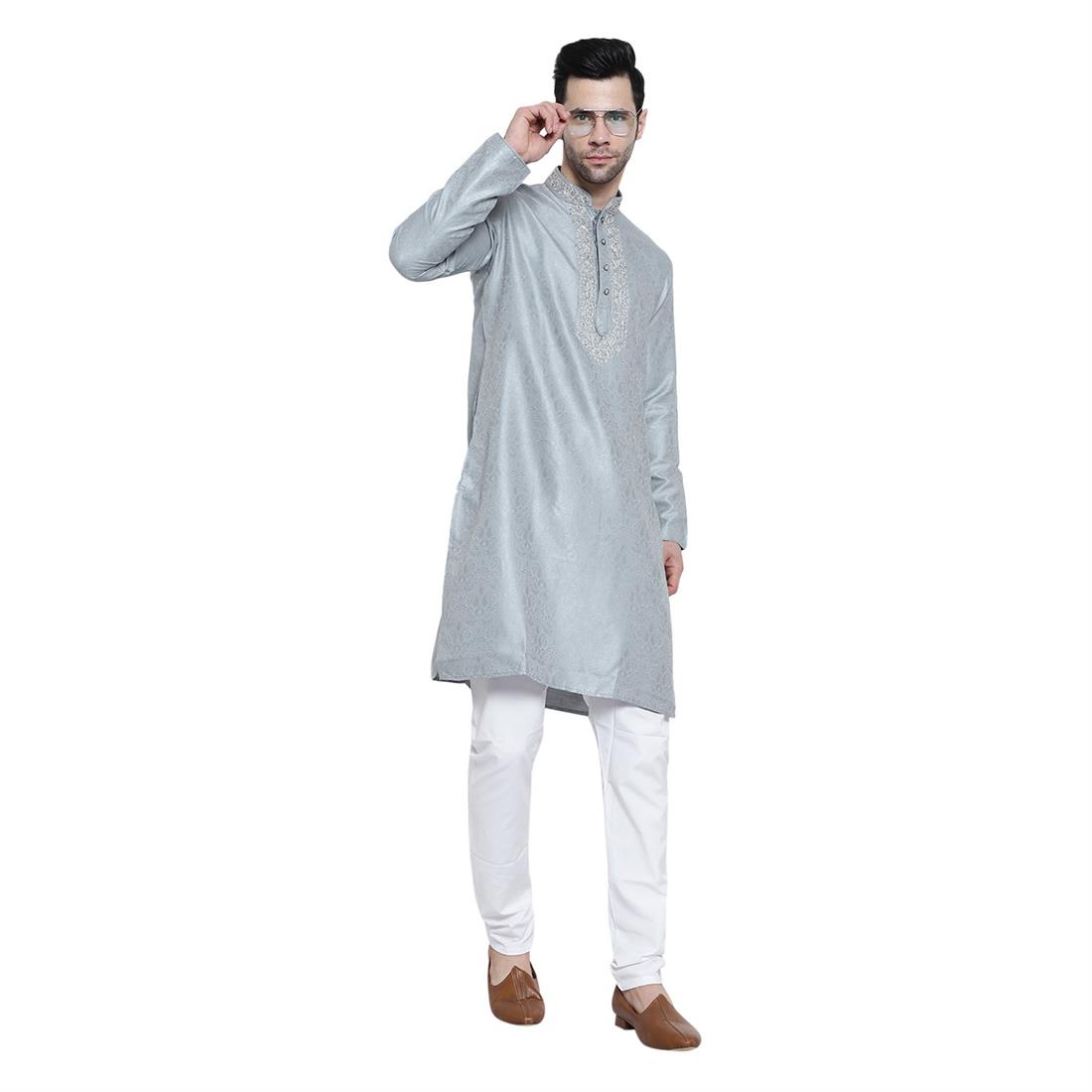 Grey Mens Brocade Kurta Pyjama with Hand Embellishment