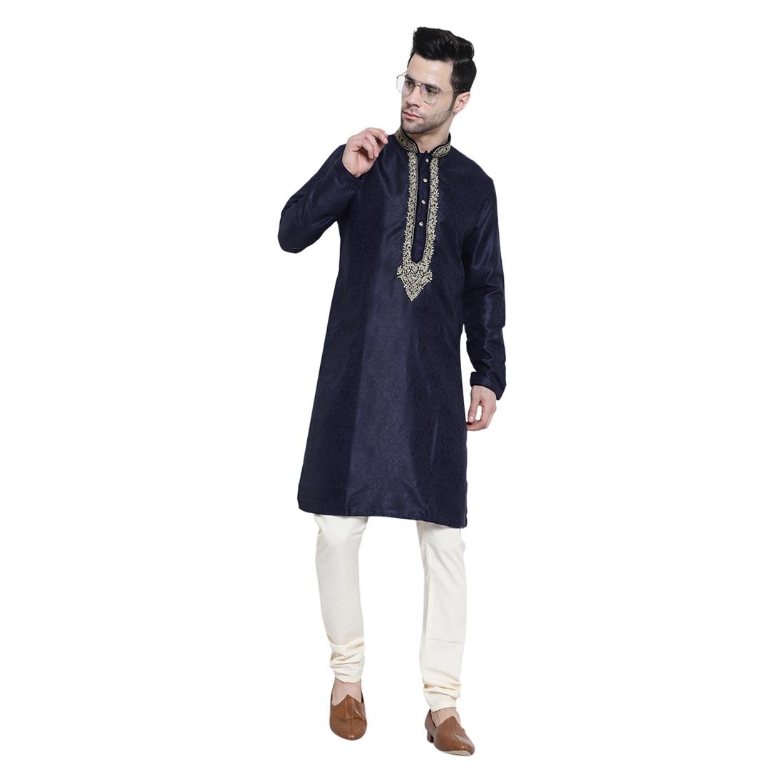 Navy & Gold Mens Brocade Navy/Gold Kurta Pyjama