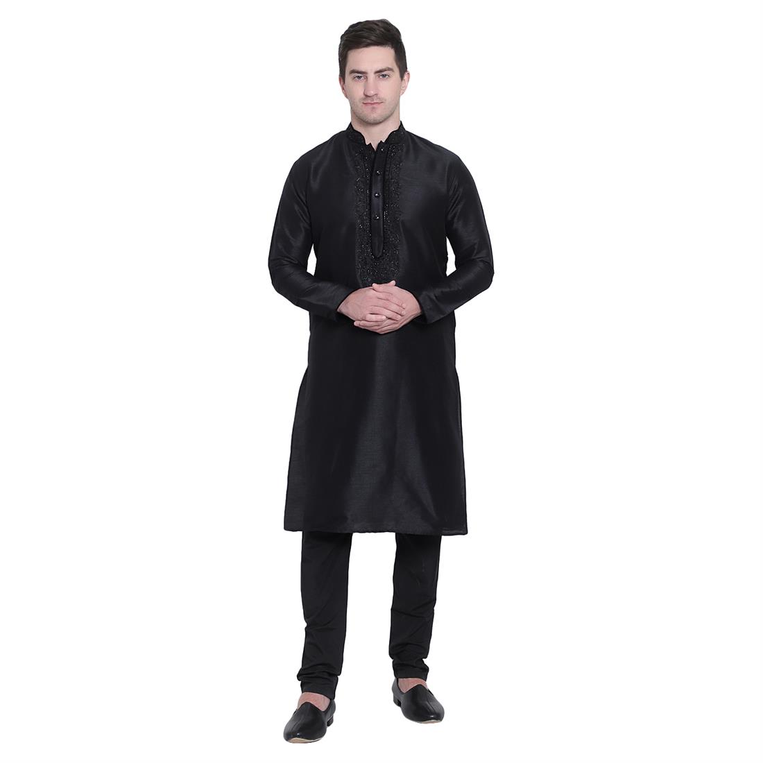 Black Stone Work Mens Plain Pista Kurta with Embroidery Embellishment