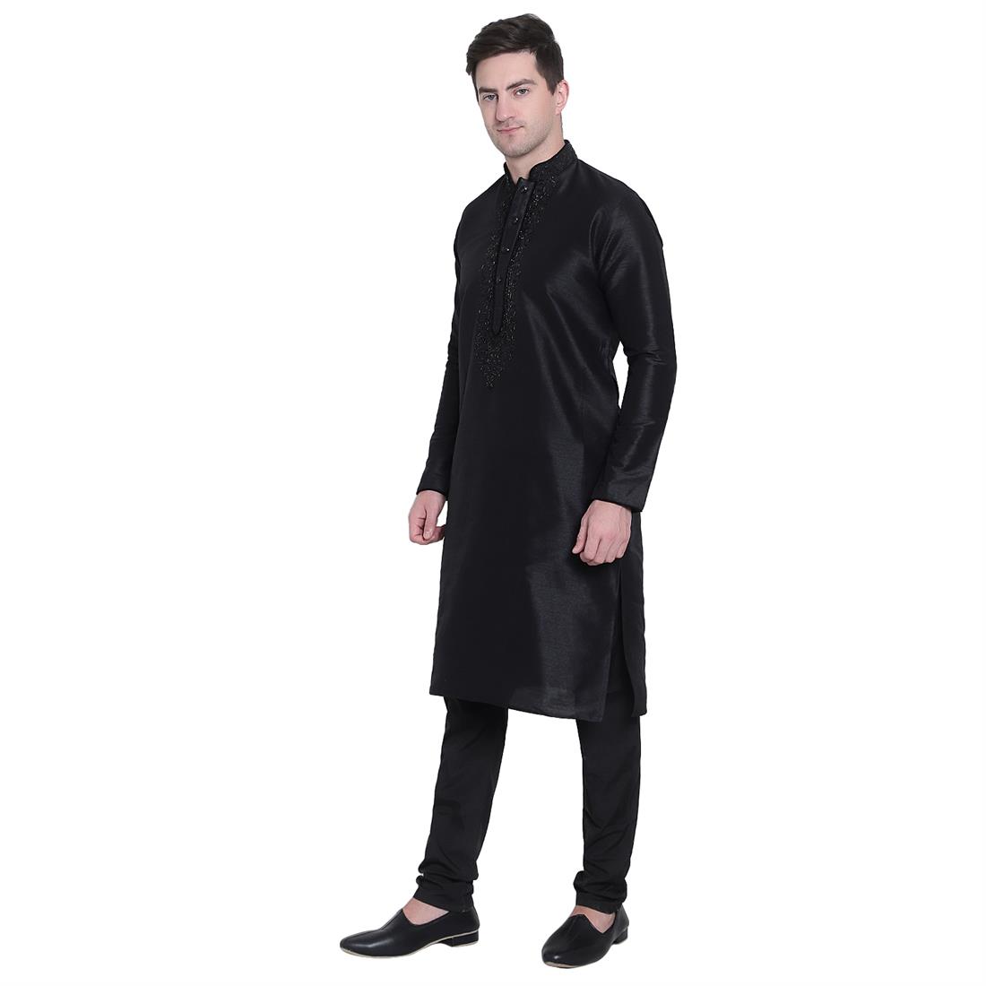 Black Stone Work Mens Plain Pista Kurta with Embroidery Embellishment