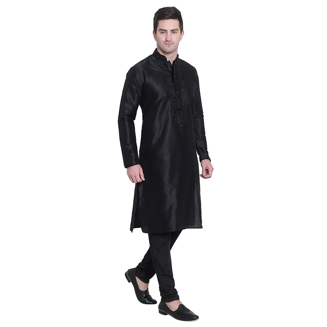 Black Stone Work Mens Plain Pista Kurta with Embroidery Embellishment