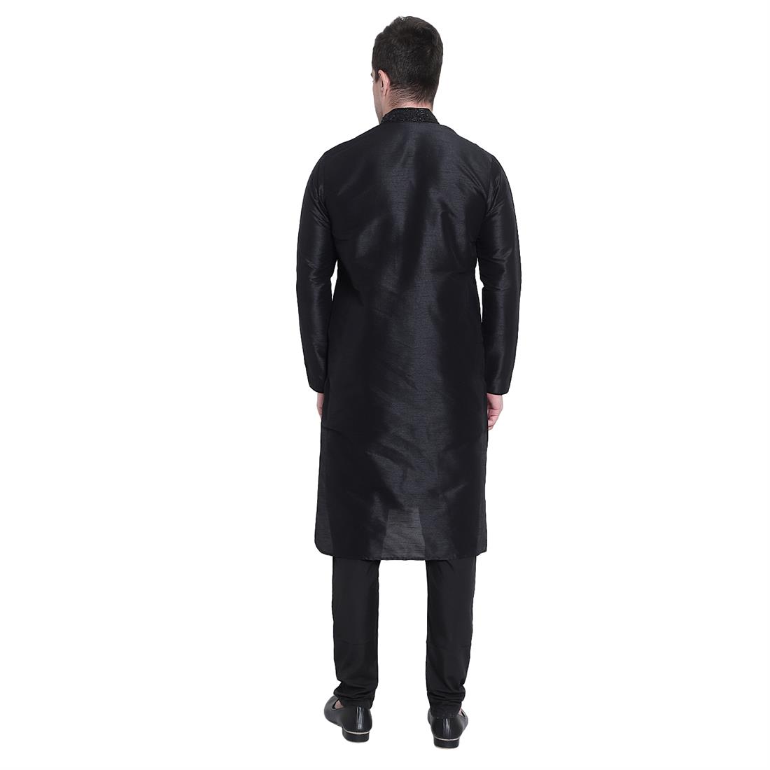 Black Stone Work Mens Plain Pista Kurta with Embroidery Embellishment