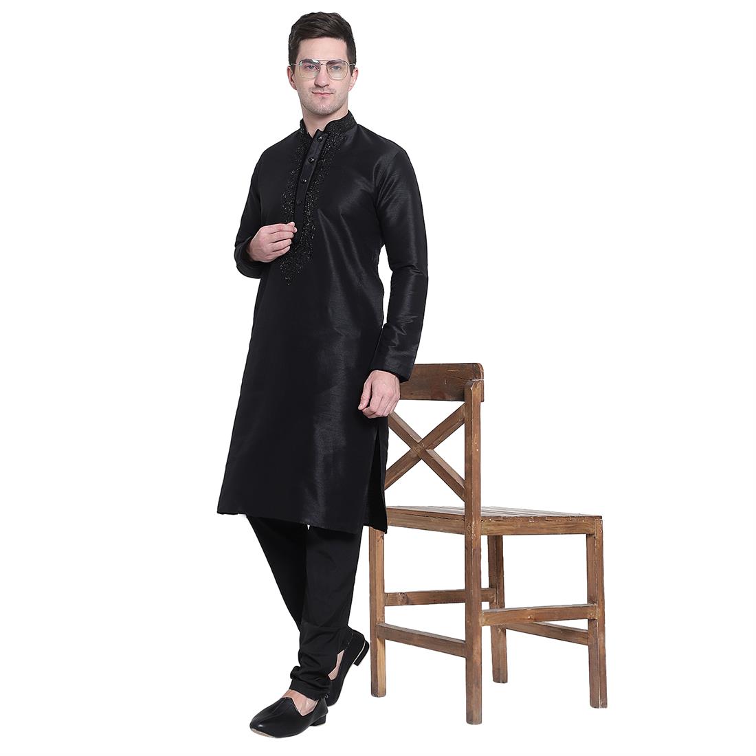 Black Stone Work Mens Plain Pista Kurta with Embroidery Embellishment