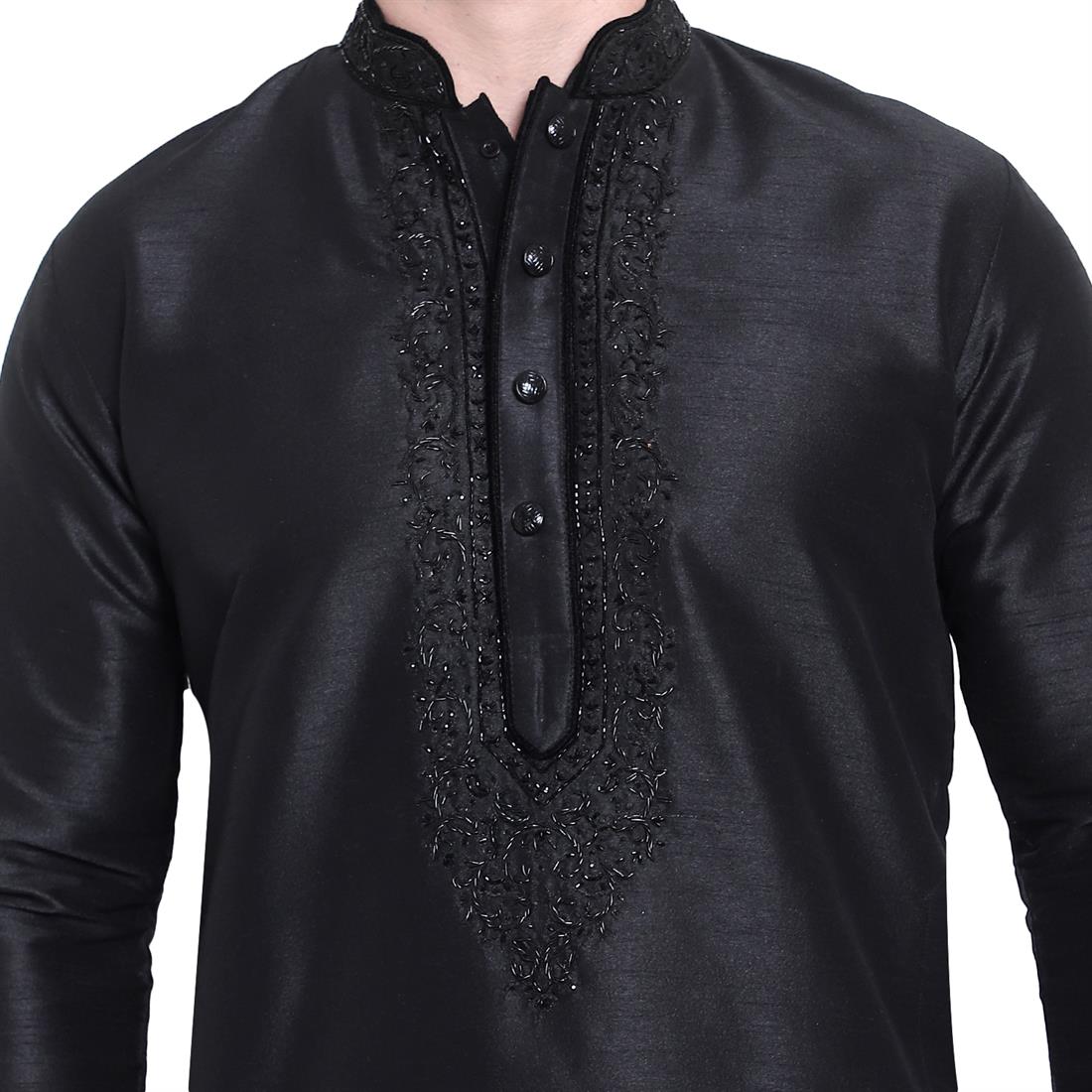 Black Stone Work Mens Plain Pista Kurta with Embroidery Embellishment
