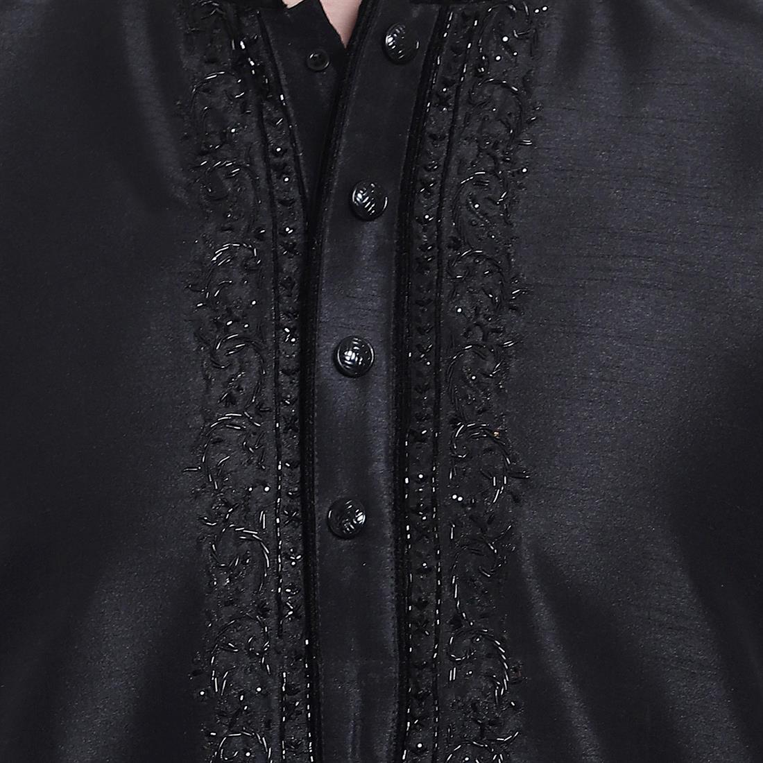 Black Stone Work Mens Plain Pista Kurta with Embroidery Embellishment