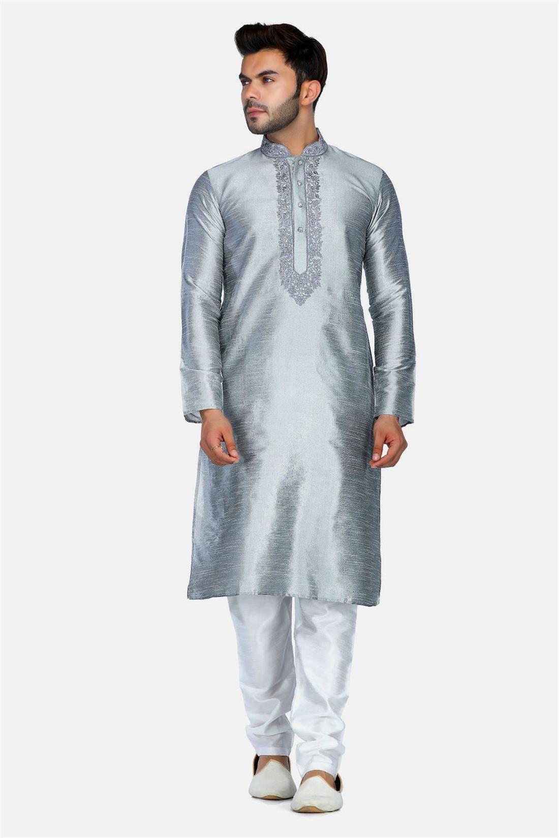 Grey Mens Kurta Pyjama with Embroidery