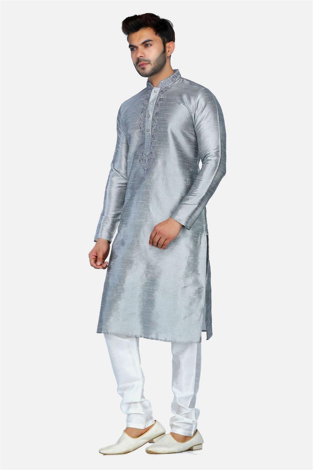 Grey Mens Kurta Pyjama with Embroidery