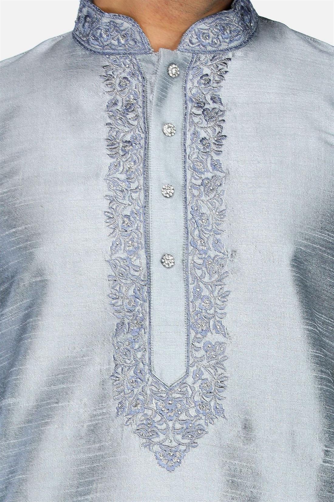 Grey Mens Kurta Pyjama with Embroidery