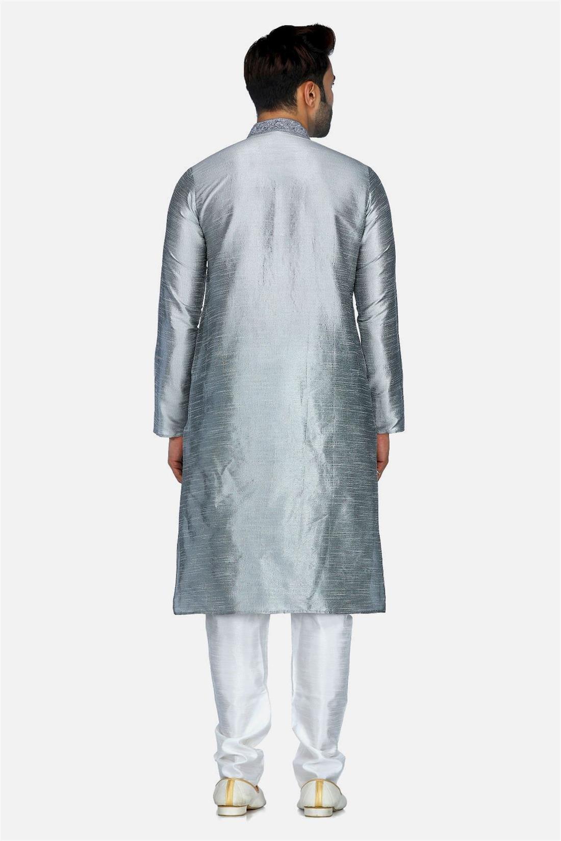 Grey Mens Kurta Pyjama with Embroidery