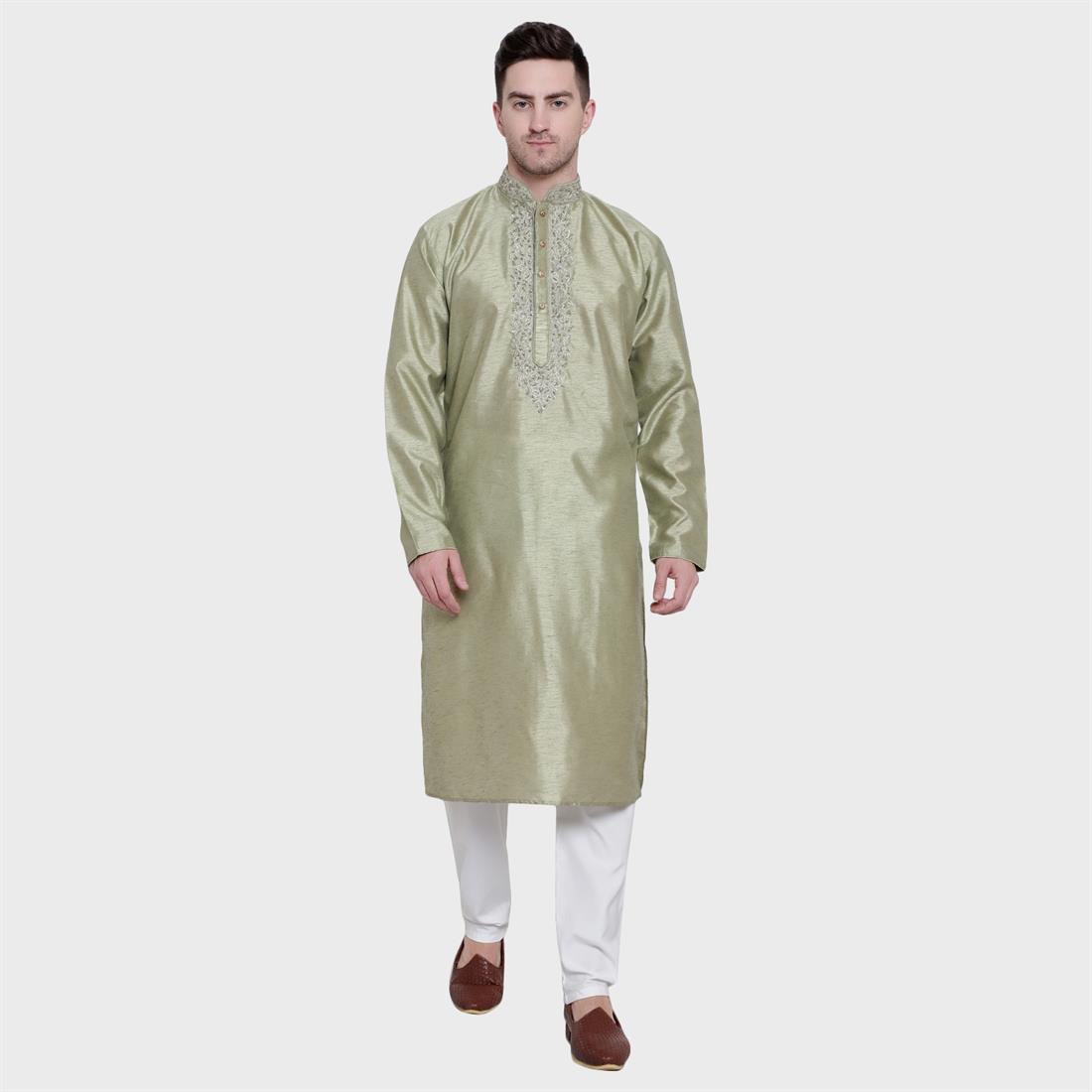 Pista Mens Plain Kurta with Embroidery Embellishment