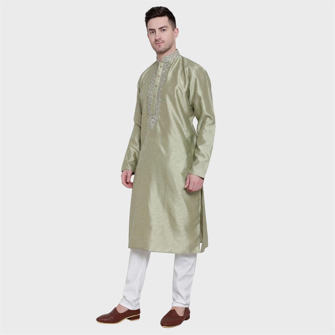 Pista Mens Plain Kurta with Embroidery Embellishment