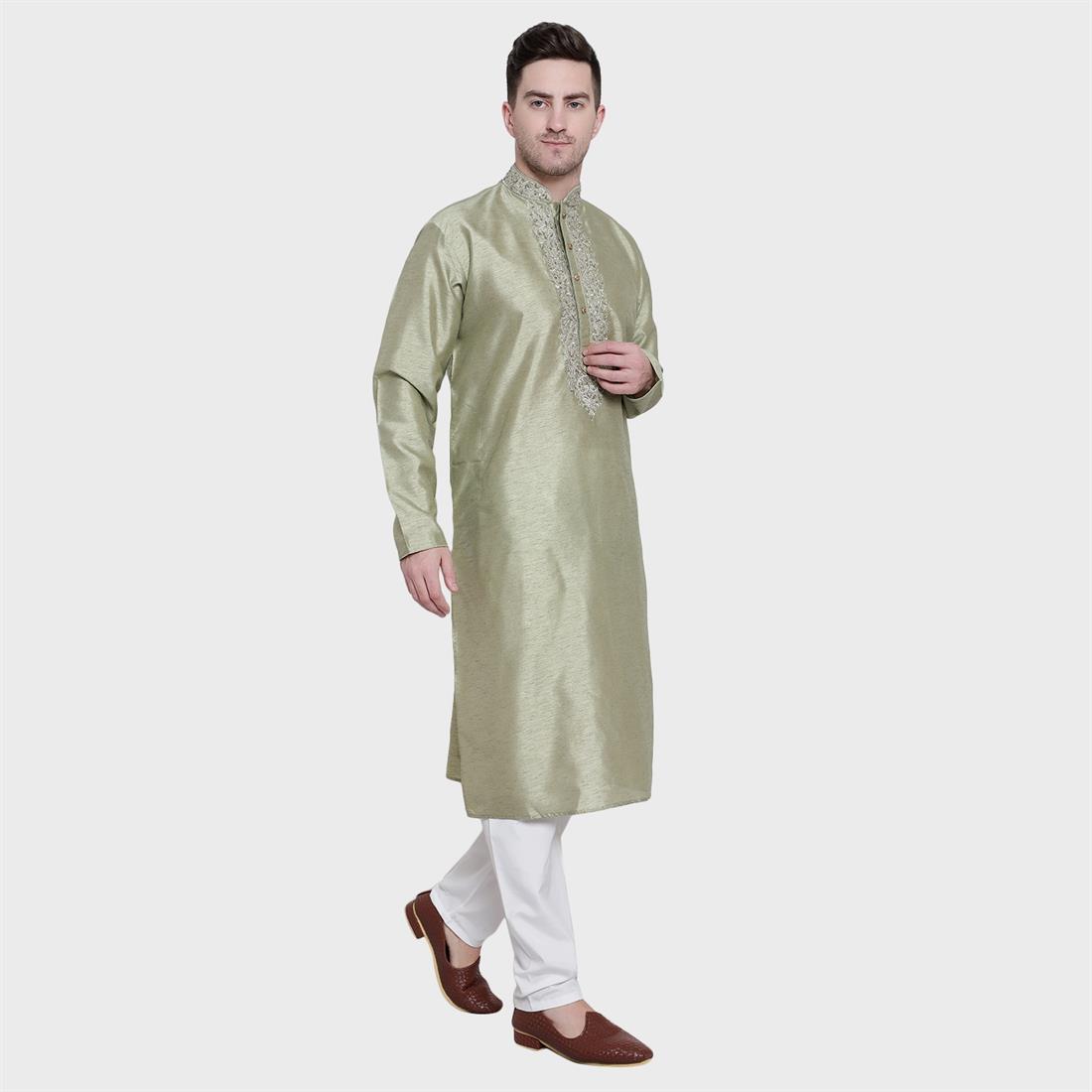Pista Mens Plain Kurta with Embroidery Embellishment