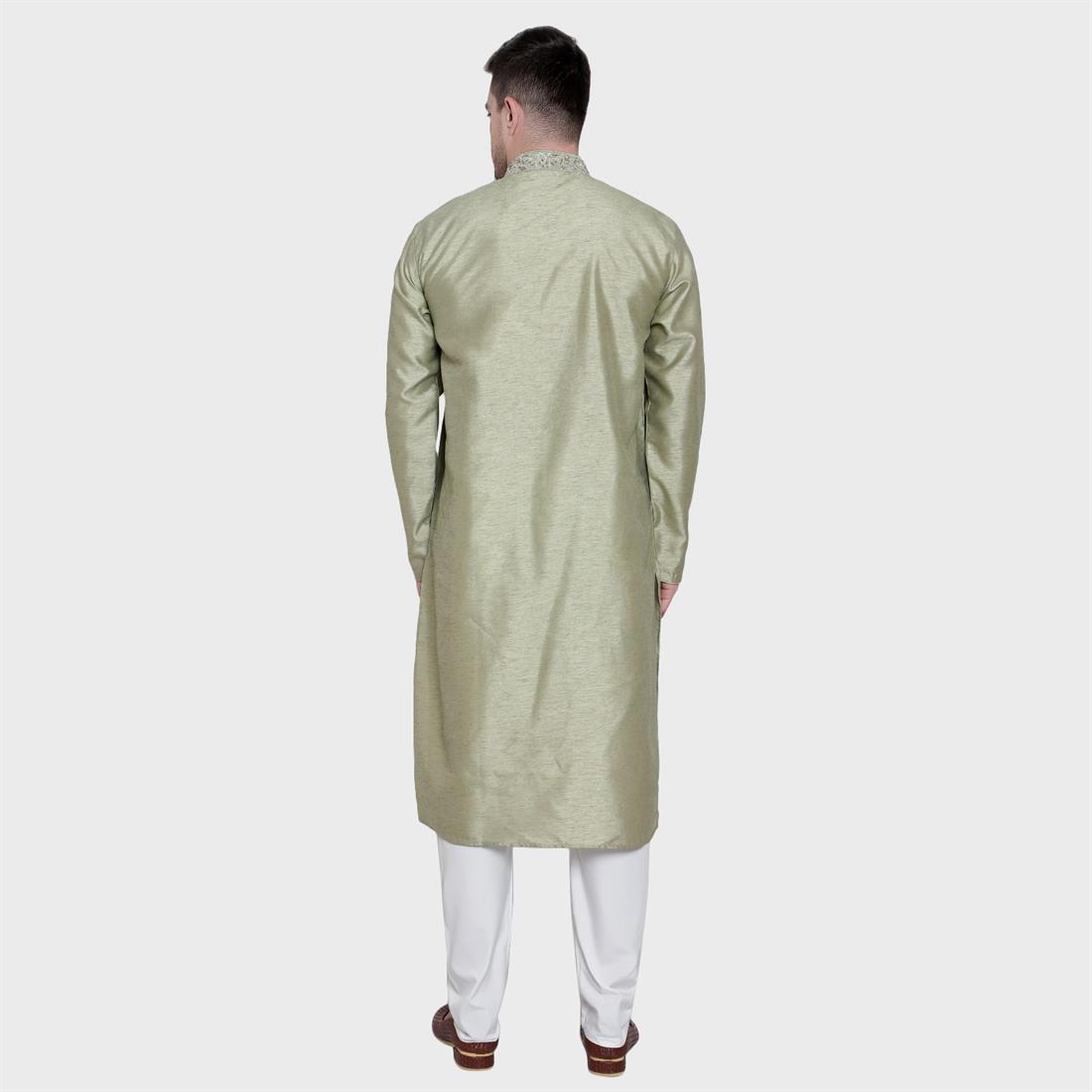 Pista Mens Plain Kurta with Embroidery Embellishment