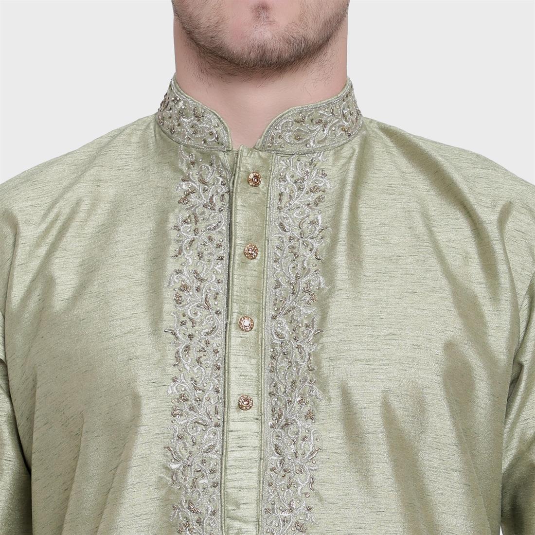 Pista Mens Plain Kurta with Embroidery Embellishment