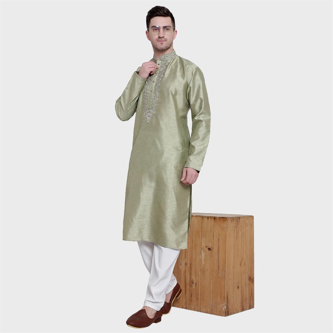 Pista Mens Plain Kurta with Embroidery Embellishment