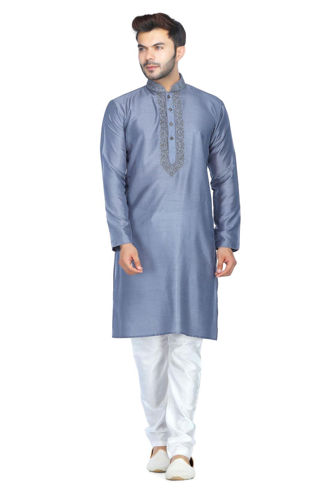 Grey Embroidered Mens Kurta Pajama