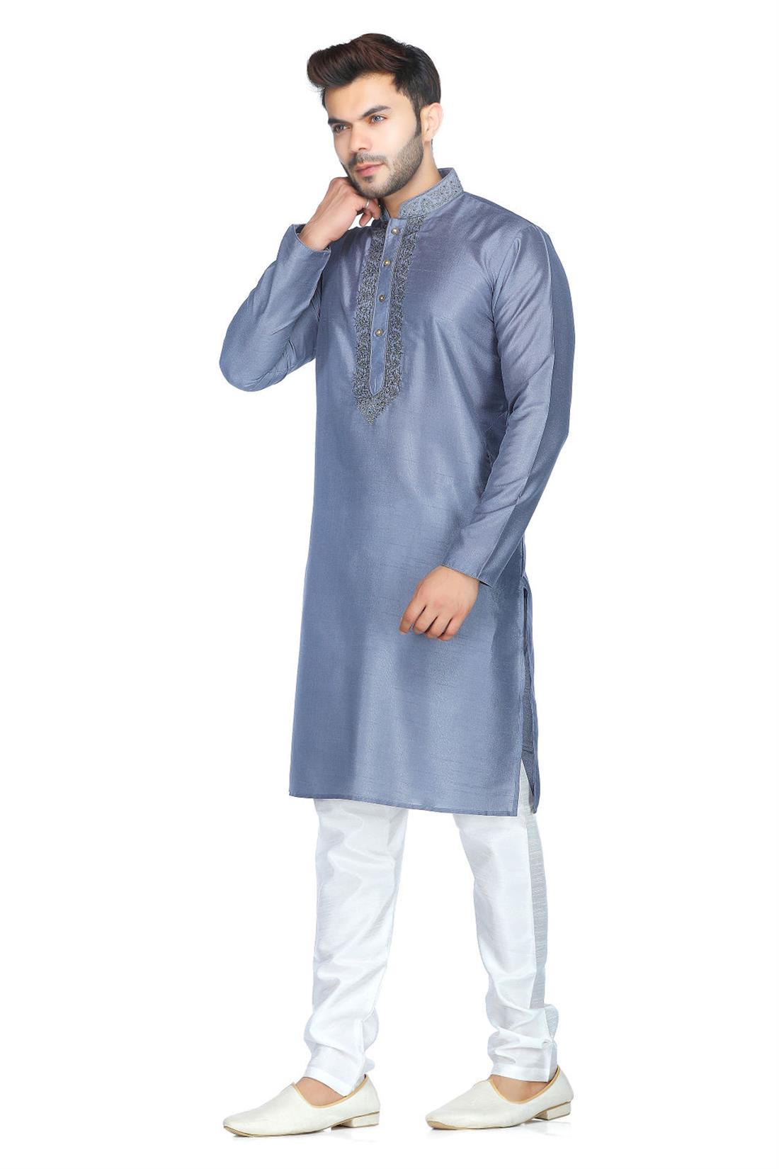 Grey Embroidered Mens Kurta Pajama