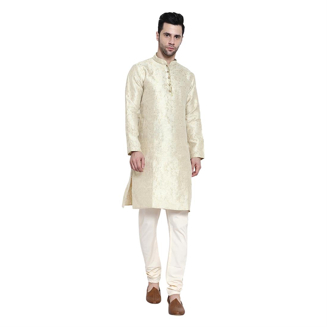 Beige Mens Brocade Kurta Pyjama with Hand Embellishment