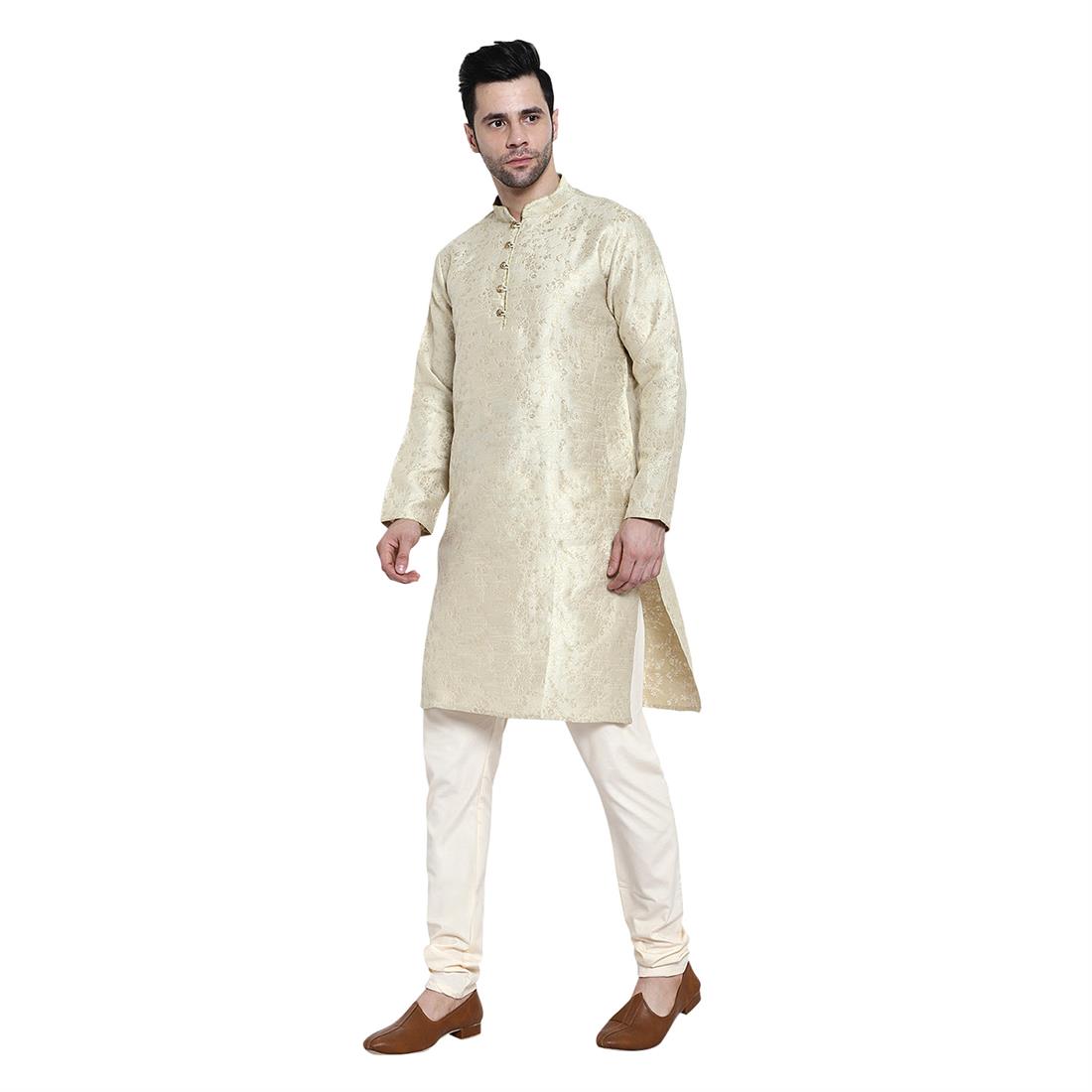 Beige Mens Brocade Kurta Pyjama with Hand Embellishment
