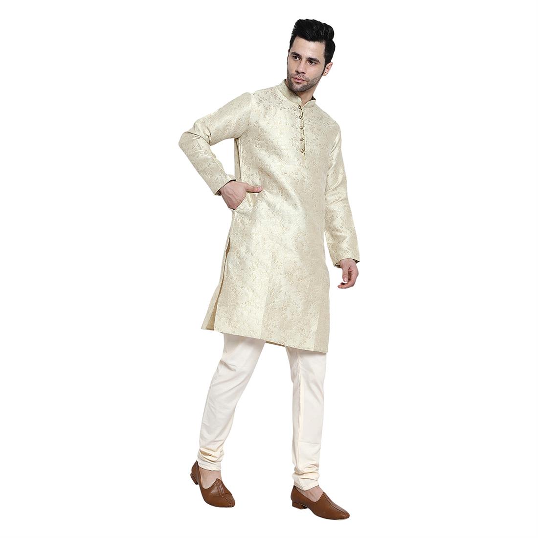 Beige Mens Brocade Kurta Pyjama with Hand Embellishment