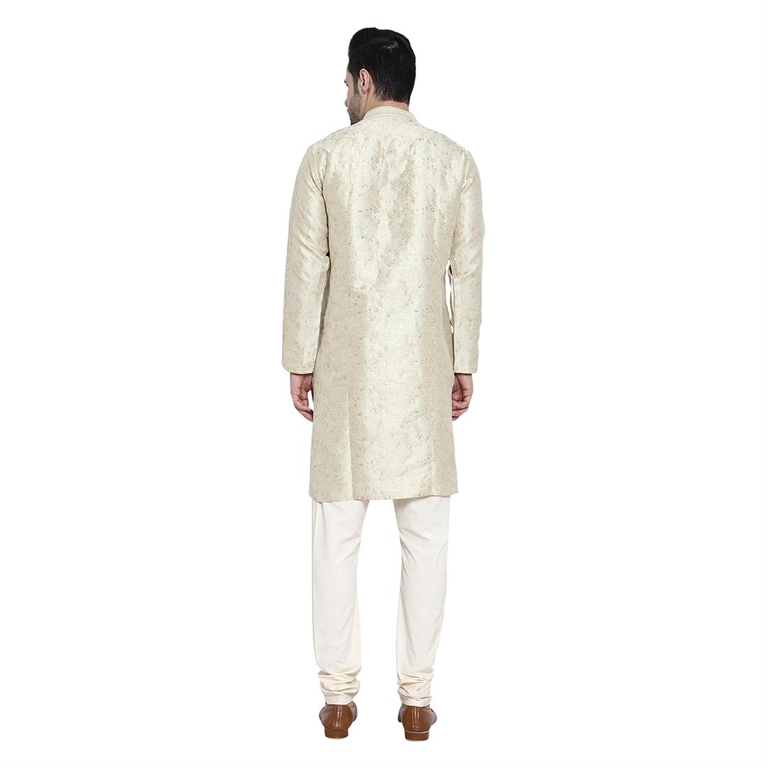 Beige Mens Brocade Kurta Pyjama with Hand Embellishment