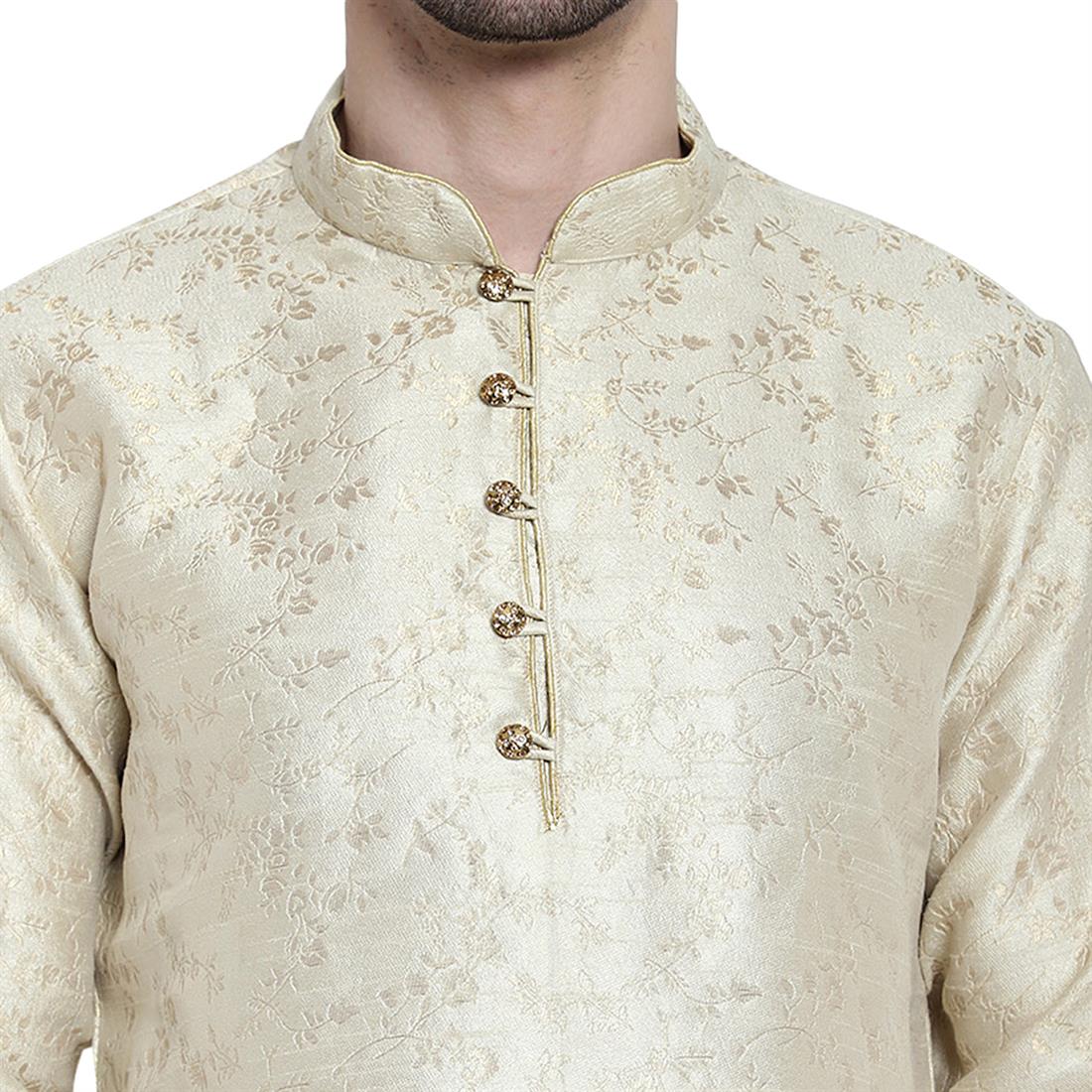 Beige Mens Brocade Kurta Pyjama with Hand Embellishment