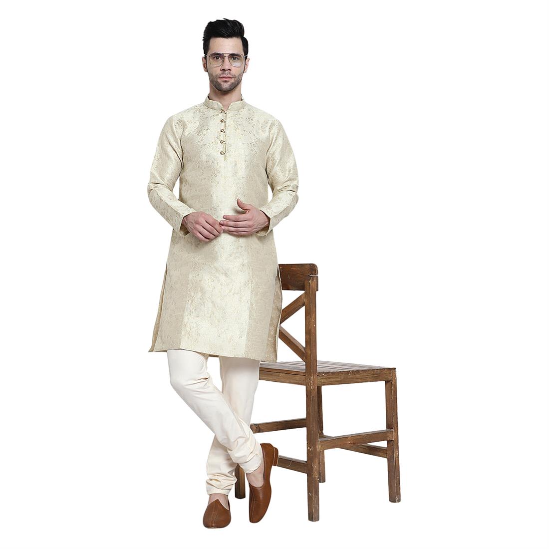Beige Mens Brocade Kurta Pyjama with Hand Embellishment