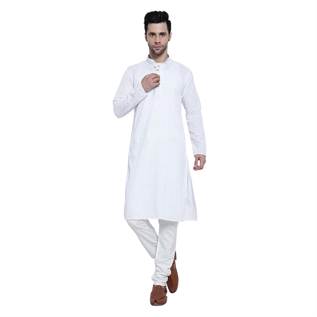 White Printed Mens Chicken Cotton Kurta Pyjama