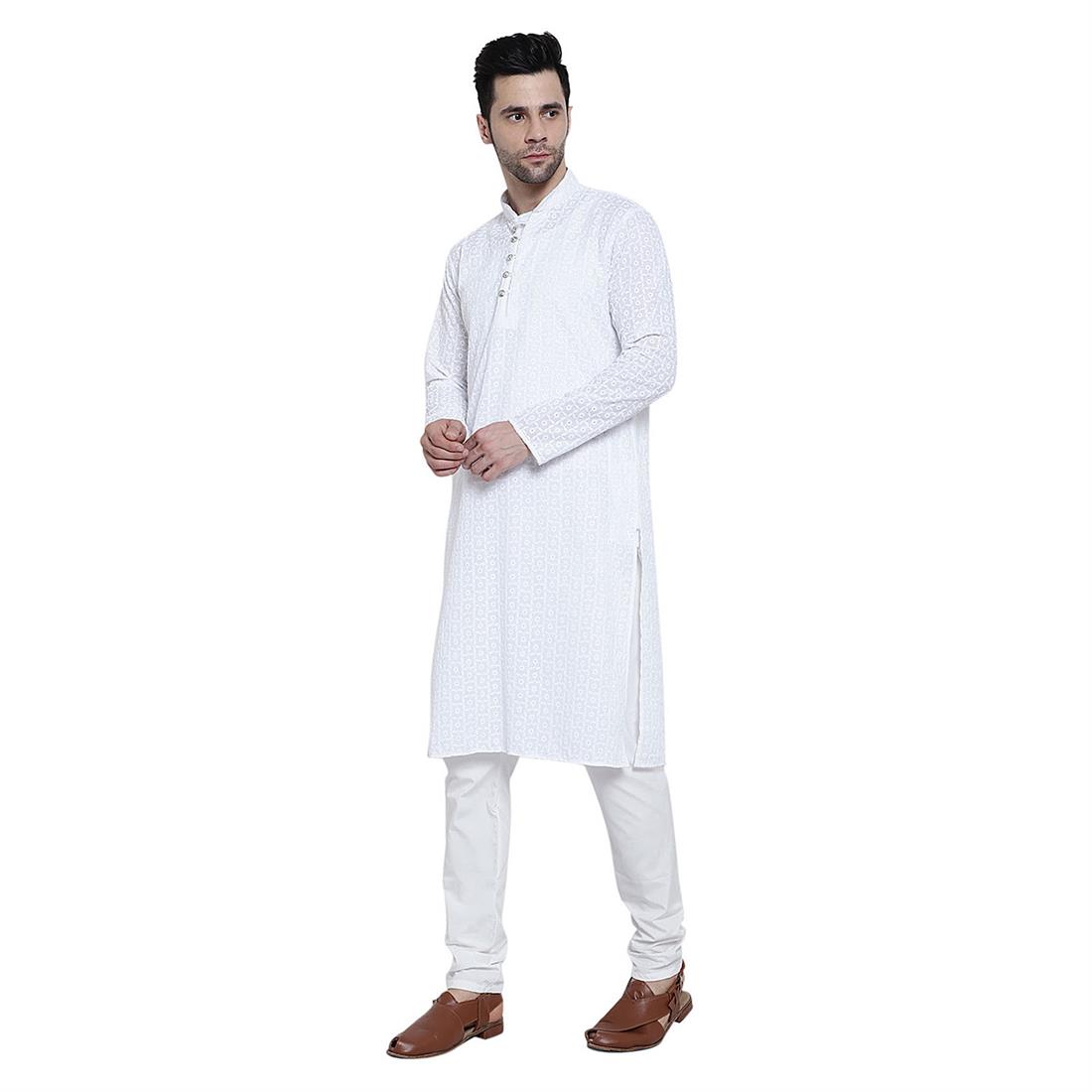 White Printed Mens Chicken Cotton Kurta Pyjama