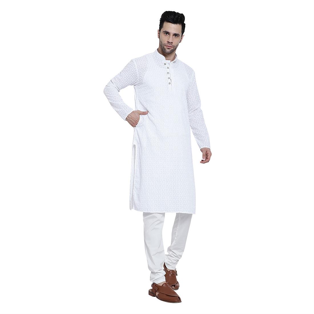 White Printed Mens Chicken Cotton Kurta Pyjama