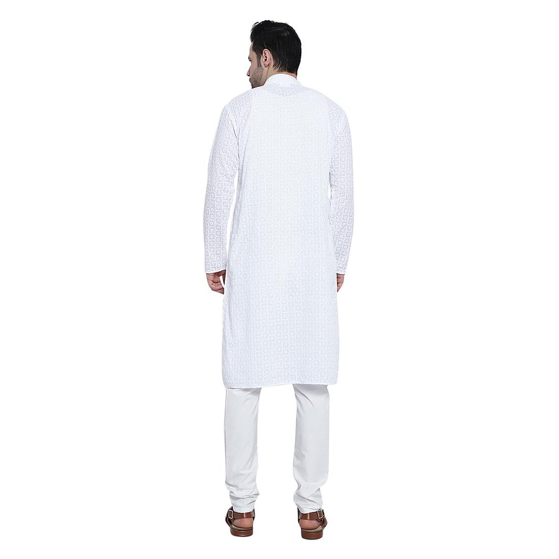 White Printed Mens Chicken Cotton Kurta Pyjama