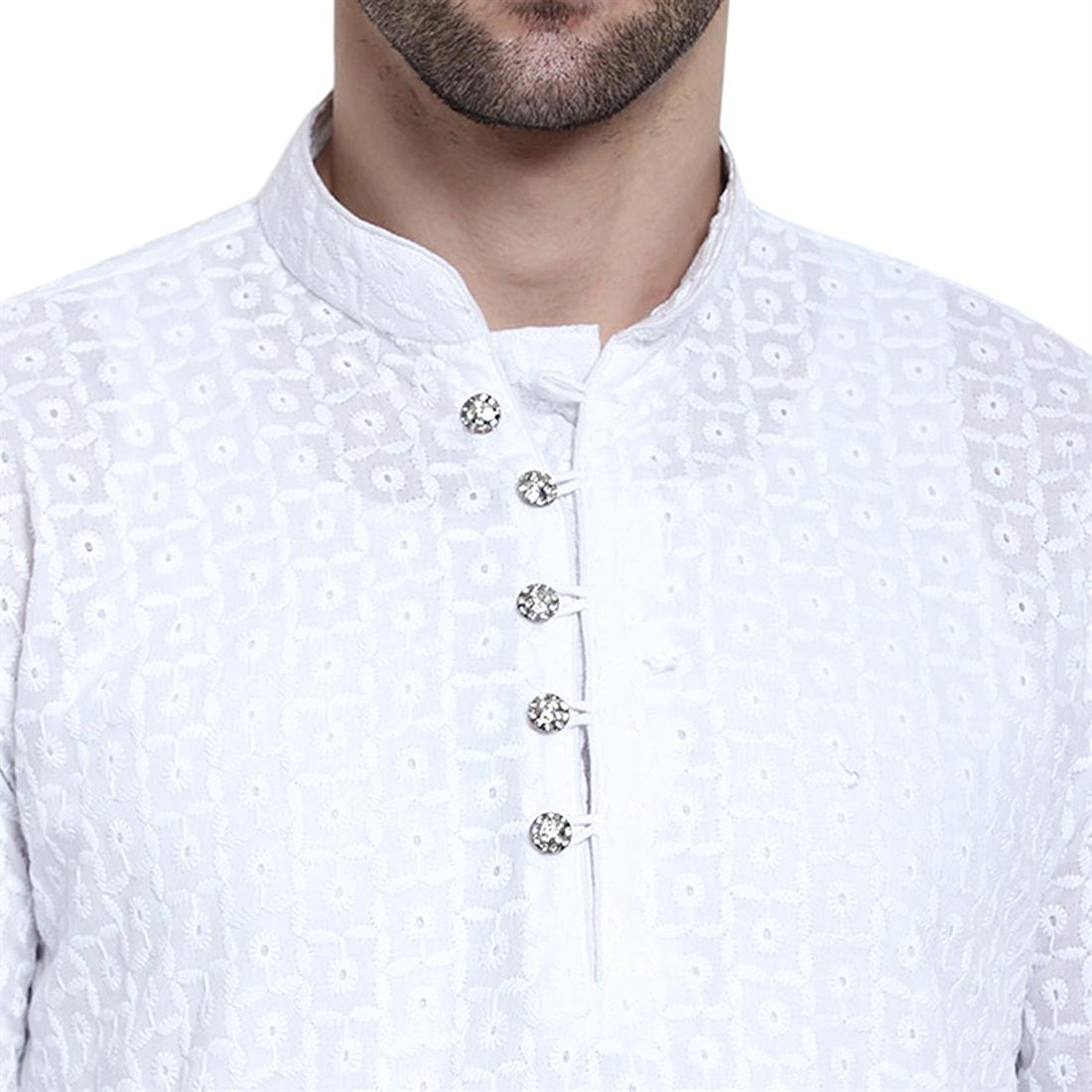 White Printed Mens Chicken Cotton Kurta Pyjama